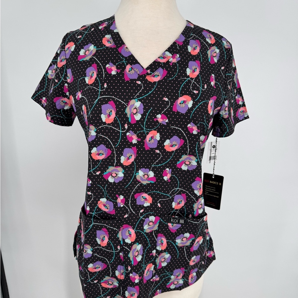 koi Black Floral V-Neck Leslie Poppies Scrub Top with Pink & Purple Accents